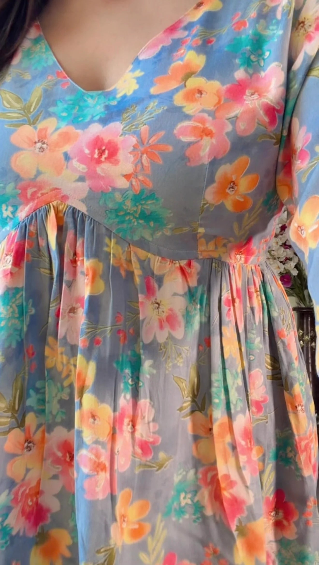 Blue Floral Flared Short Kurti