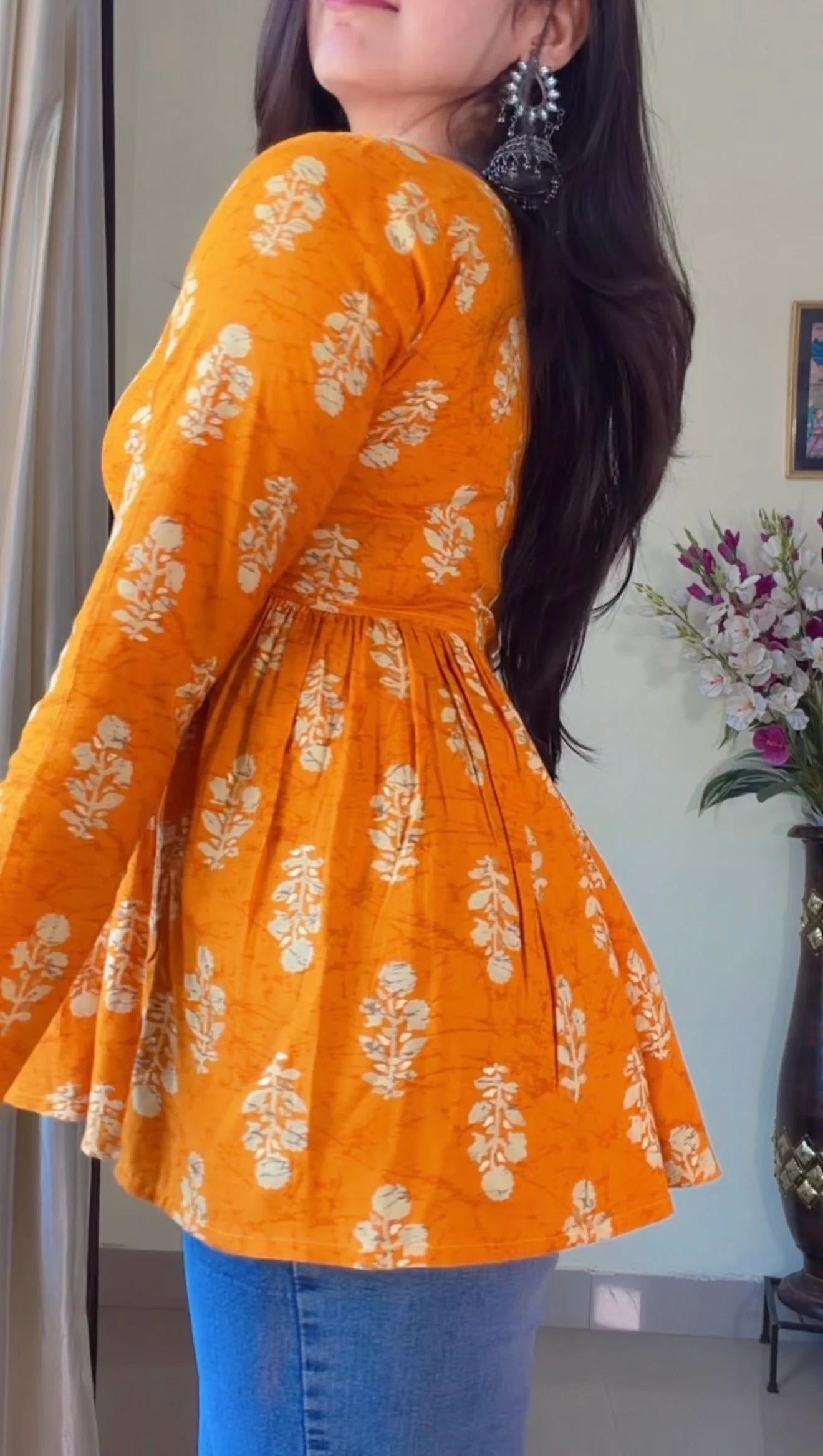 Mustard Yellow Floral Flared Short Kurti