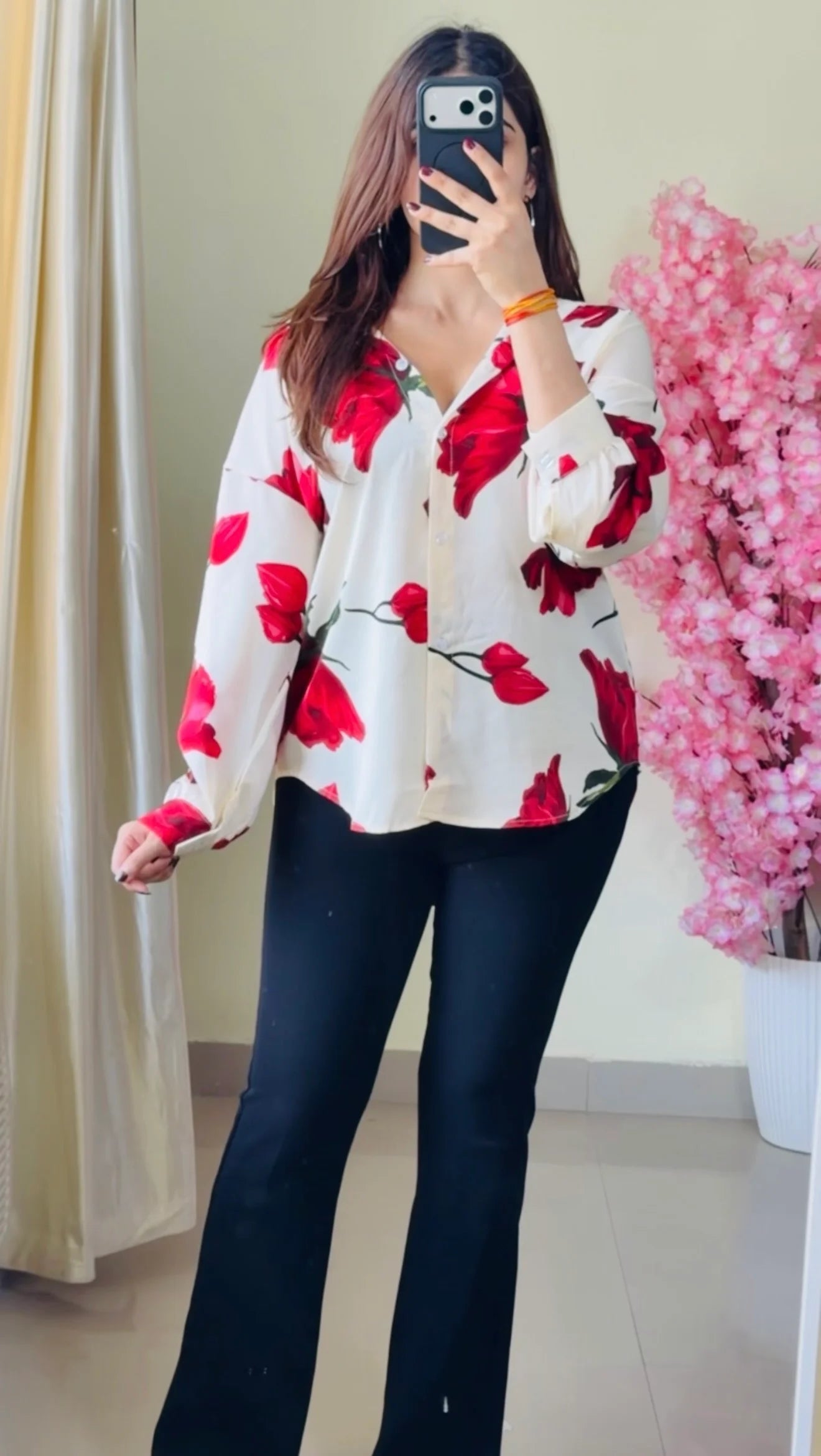 Cherry Red Floral V-Neck Premium Shirt