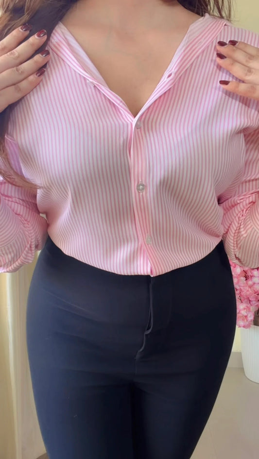 Pink Striped V-Neck Casual Shirt