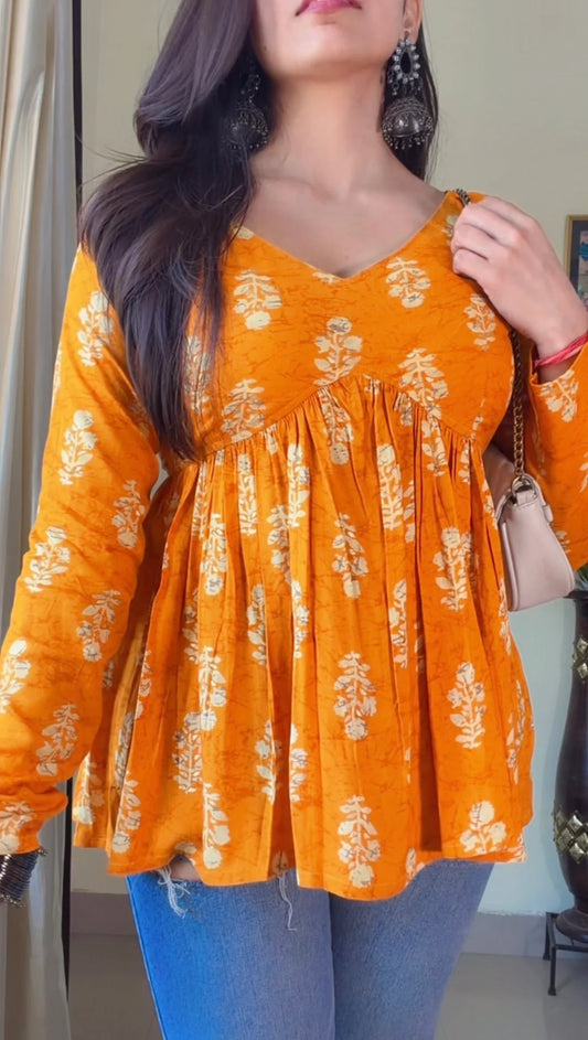 Mustard Yellow Floral Flared Short Kurti