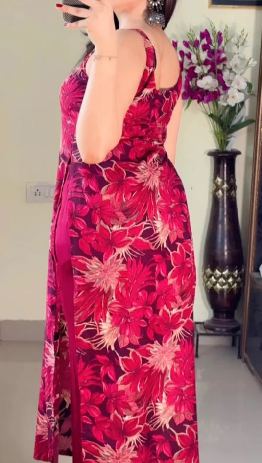 Kurti Set ( Pretty Floral Red Kurti Set)-2piece KT-109