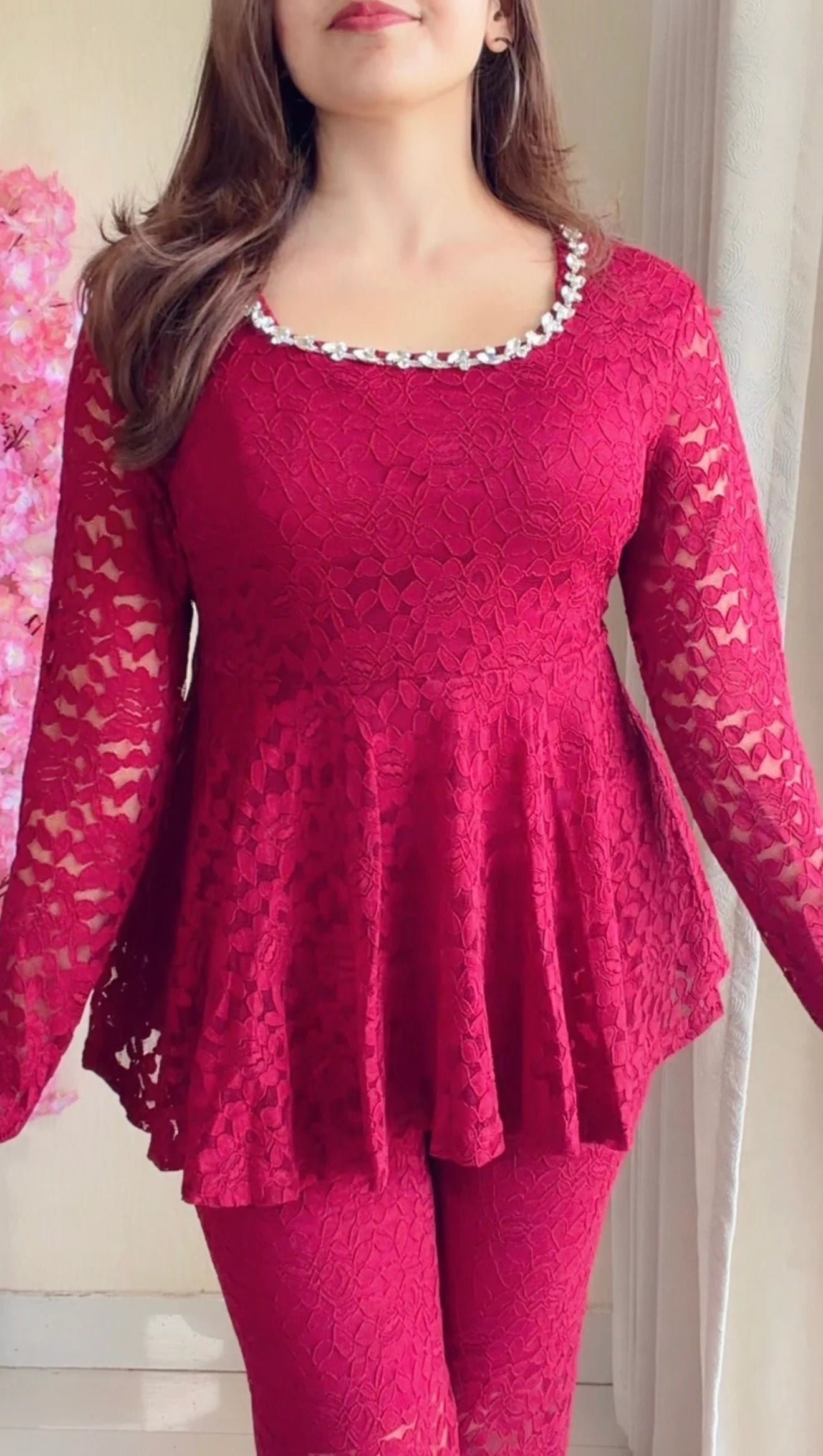 Cherry Red Lace Peplum Co-ord Set