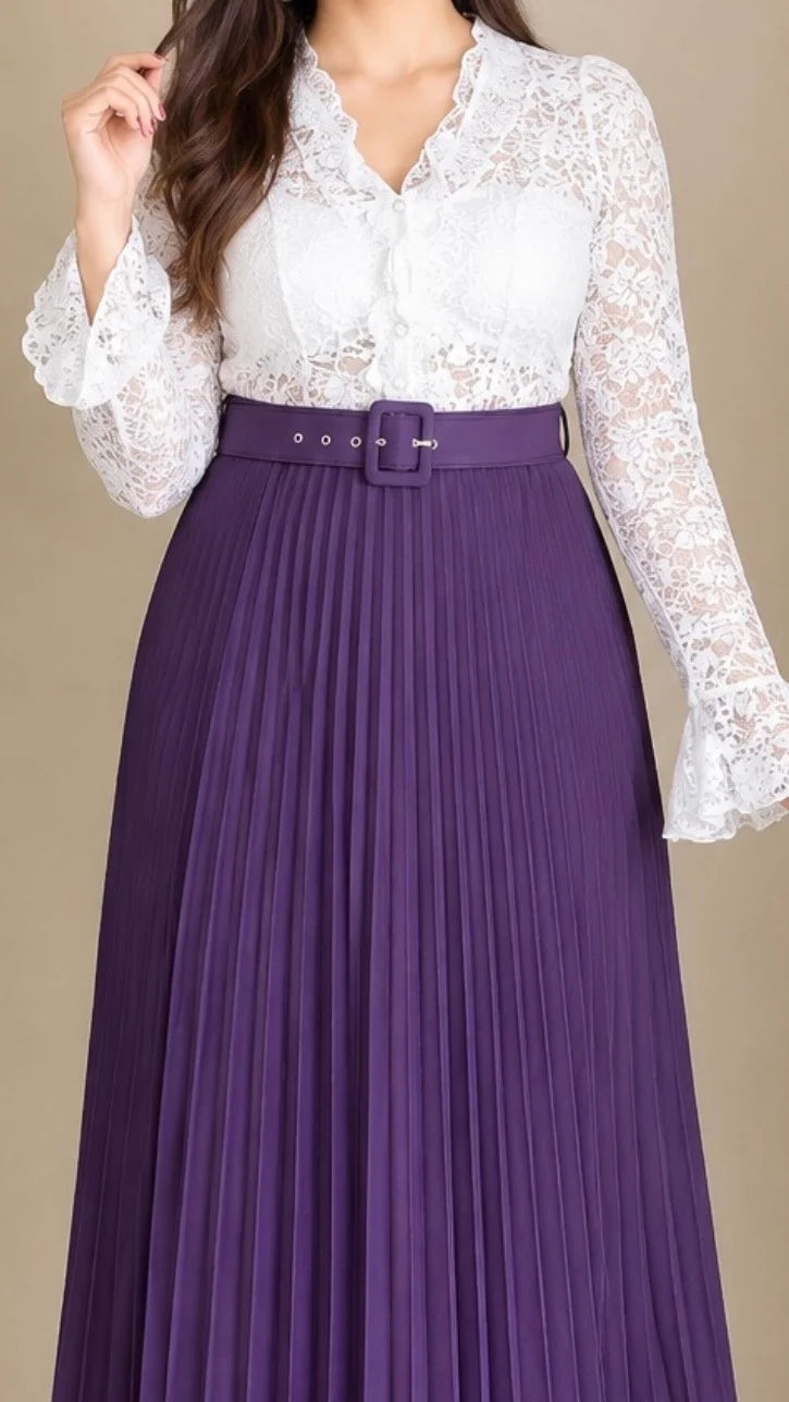 Mocha Lace Pleated Co-ord Set with Belt (Top+ Skirt)