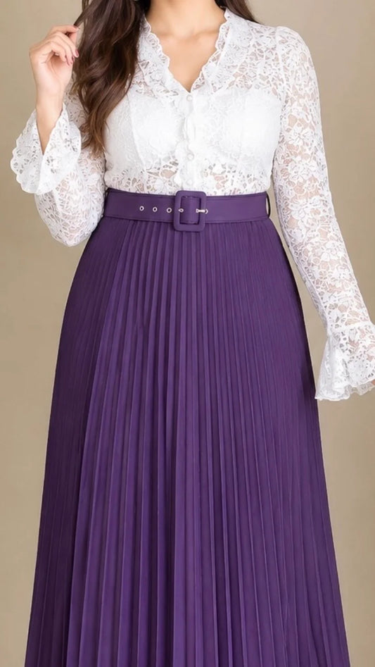 Mocha Lace Pleated Co-ord Set with Belt (Top+ Skirt)