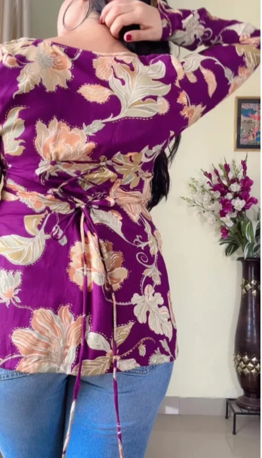 Women Floral Printed Square-Neck Pure Muslin Kurti (Purple) KT-123