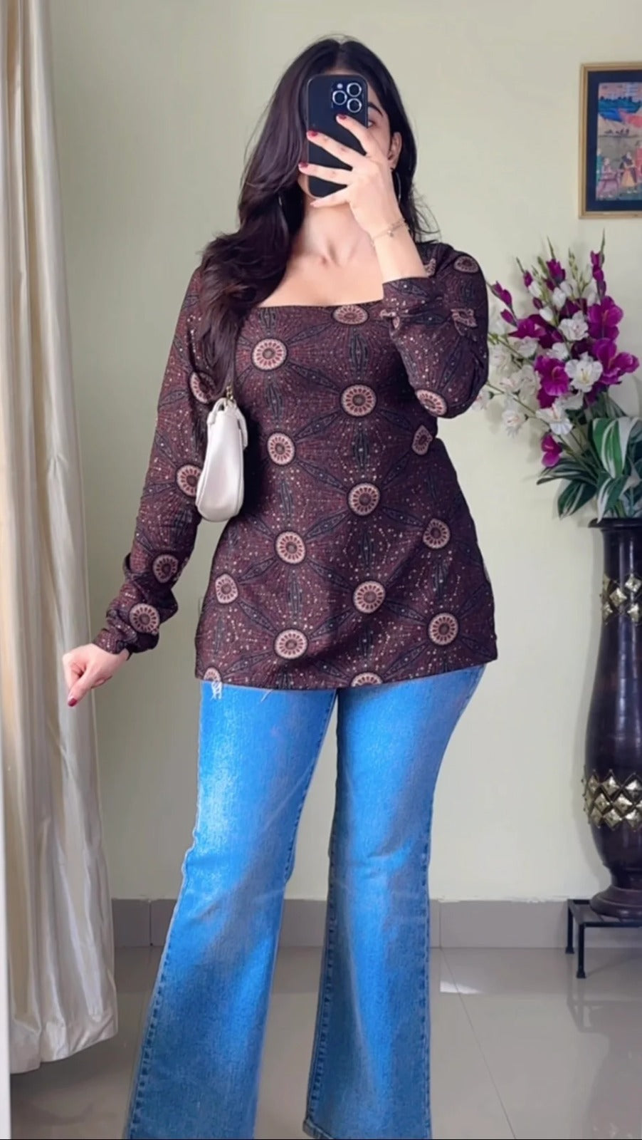 Women Square-Neck Pure Muslin Kurti (Black) KT-122