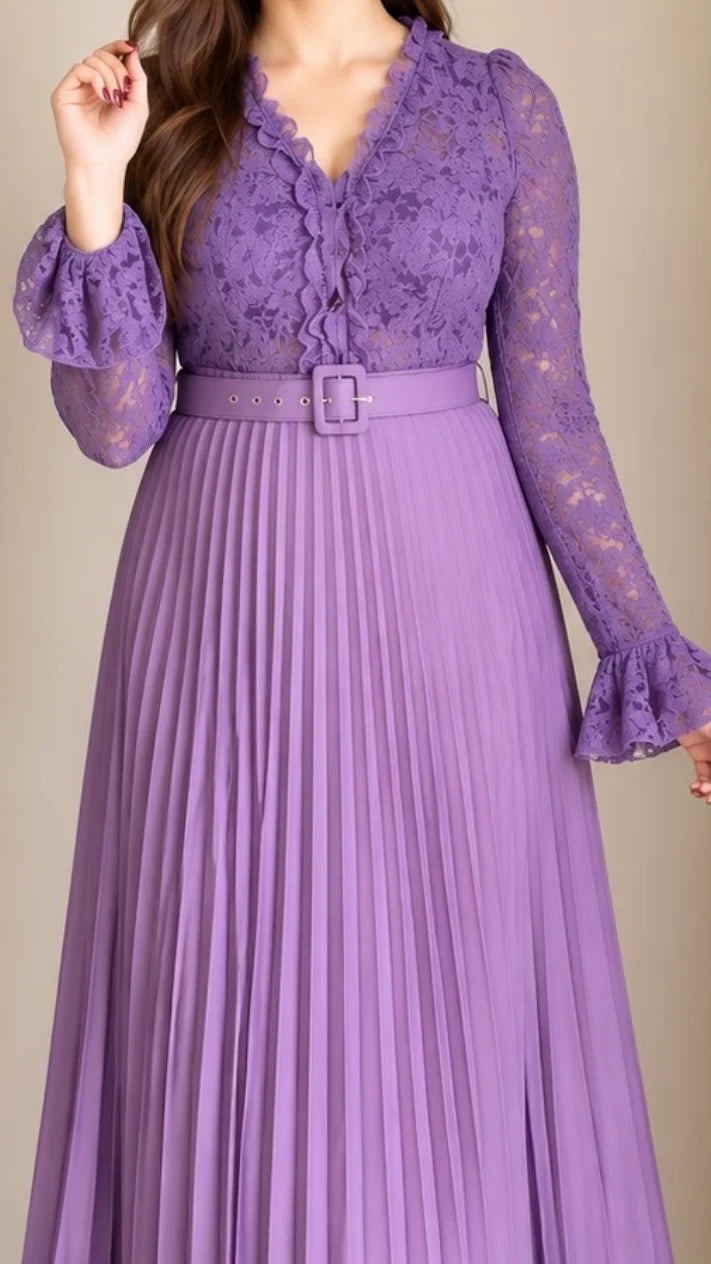 Lace Pleated Co-ord Set with Belt (Padded Top+ Skirt)