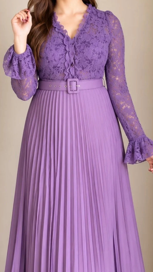 Lace Pleated Co-ord Set with Belt (Padded Top+ Skirt)