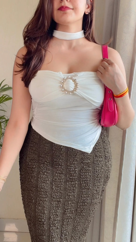 Ruby Noir Co-ord Set (White Top with Olive Skirt)