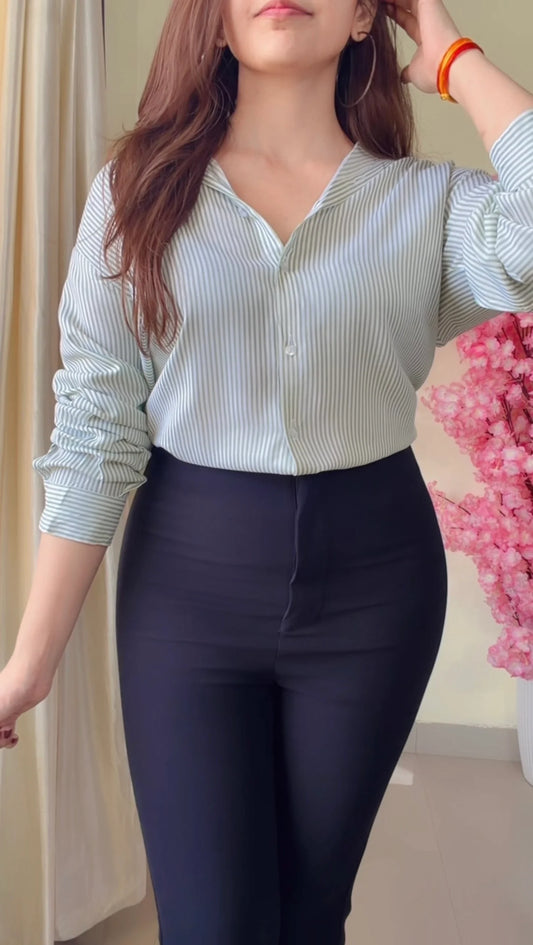 Green Striped V-Neck Casual Shirt