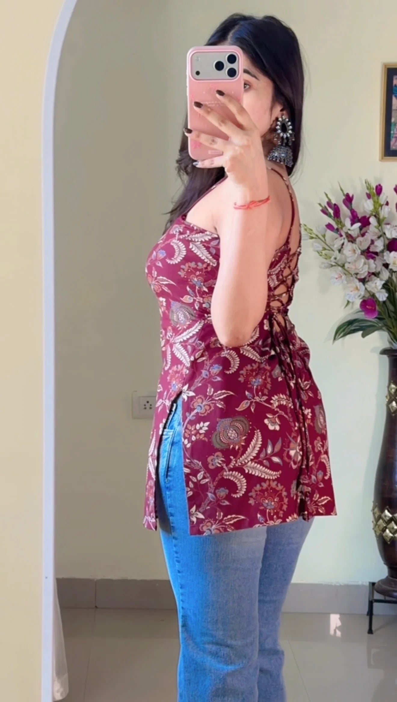 Wine Blossom Lace-Up Short Kurti