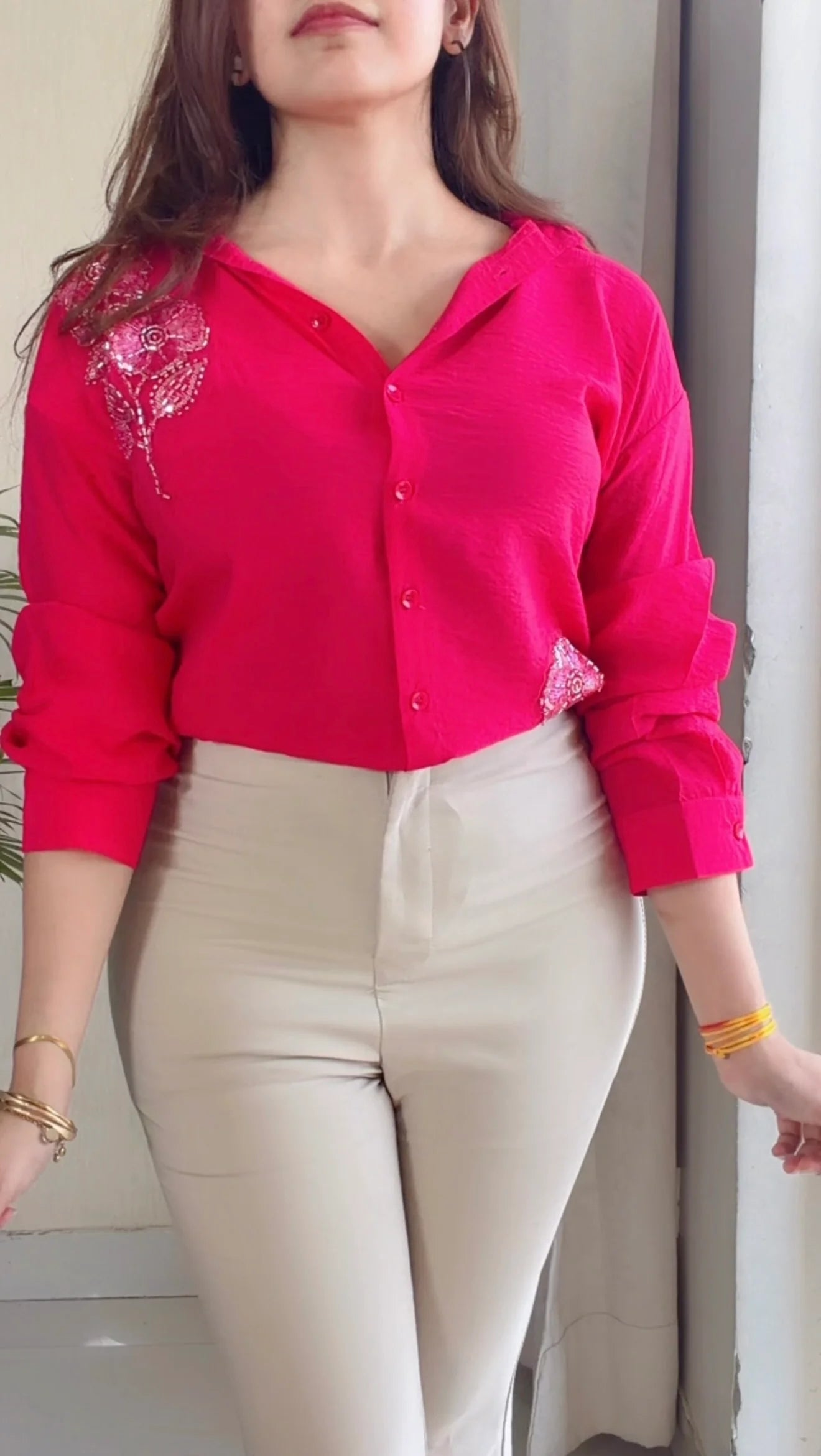 Pink leaf Embroidered Premium Shirt