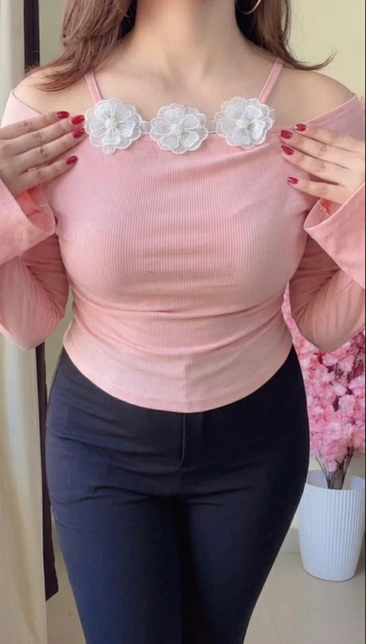 Premium Bardot Top with Floral Appliqué