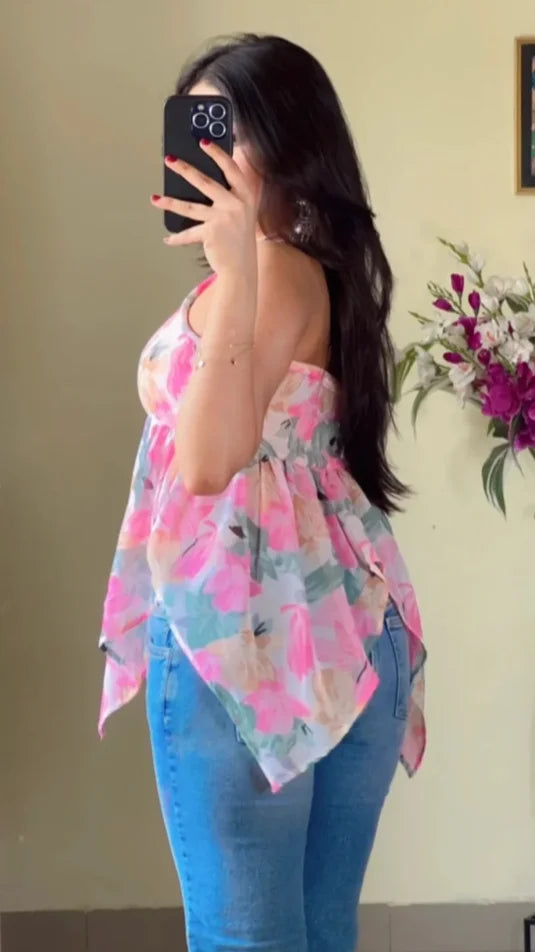 Pink Floral Halter Neck Short Kurti KT-125