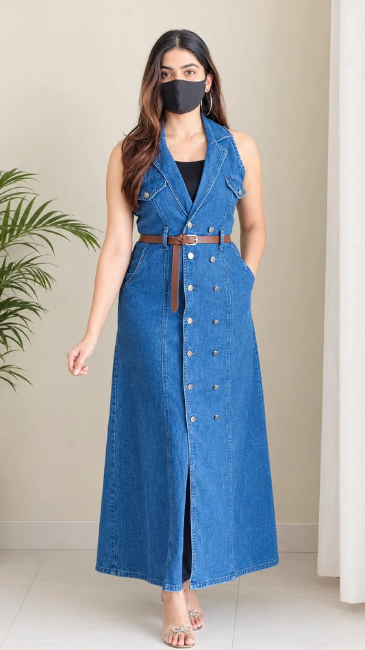 Premium Blue Denim Midi Dress With Belt