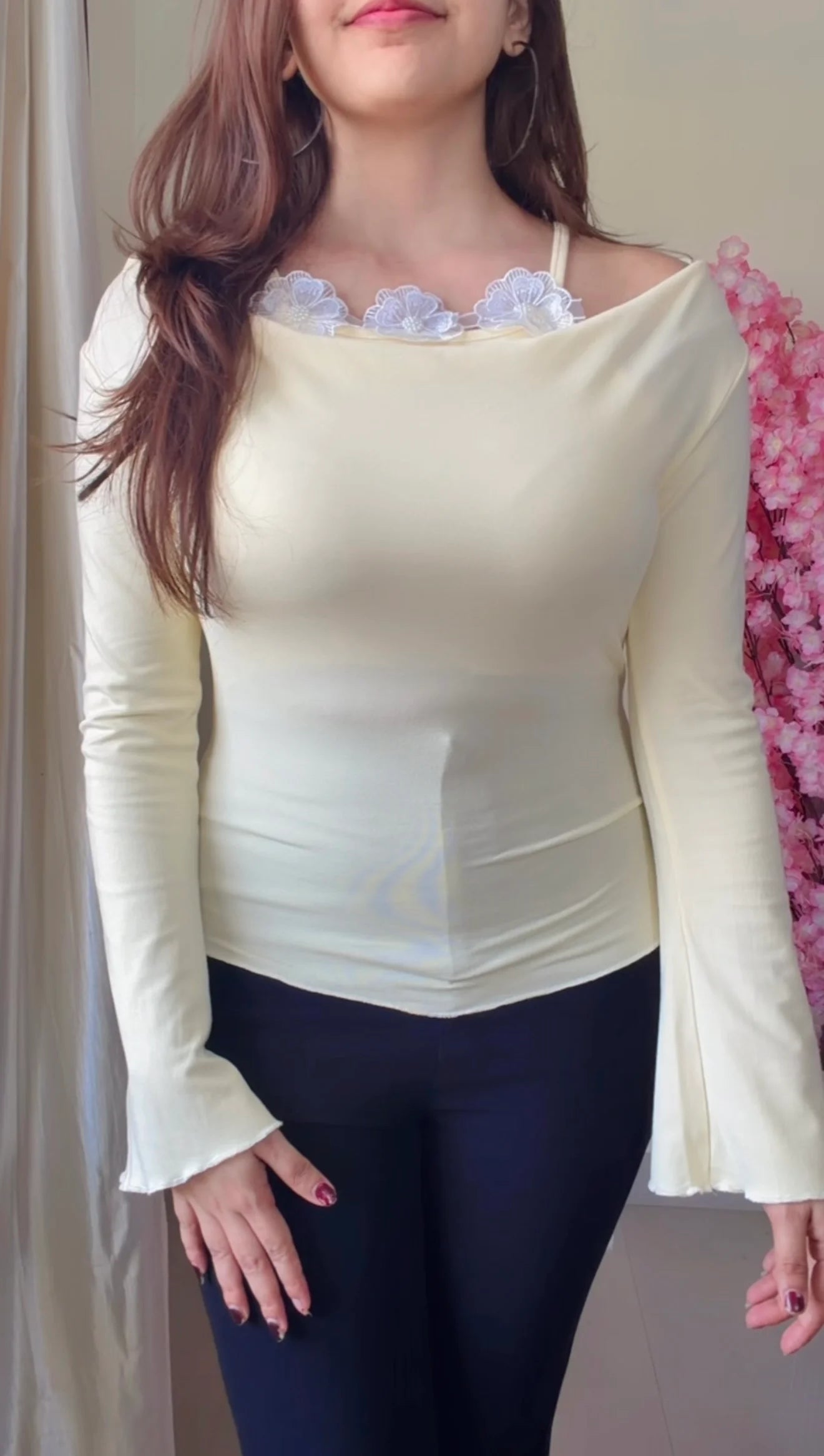 Ivory Draped Off-Shoulder Top with Floral Lace Insert