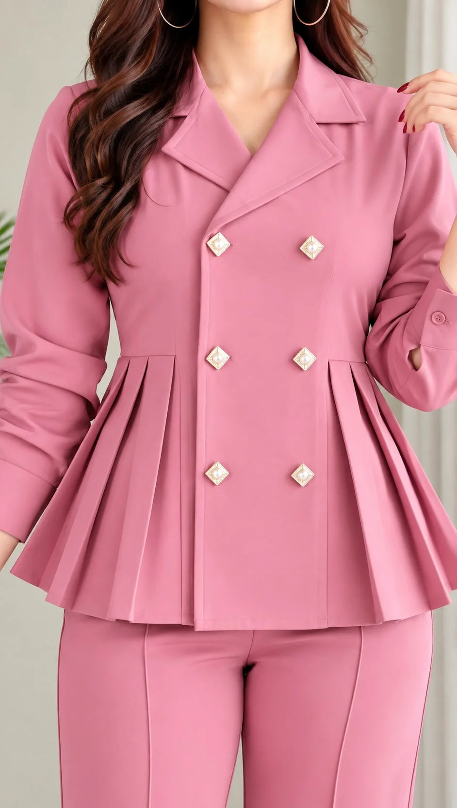 Pleated Double-Breasted Blazer Cord Set
