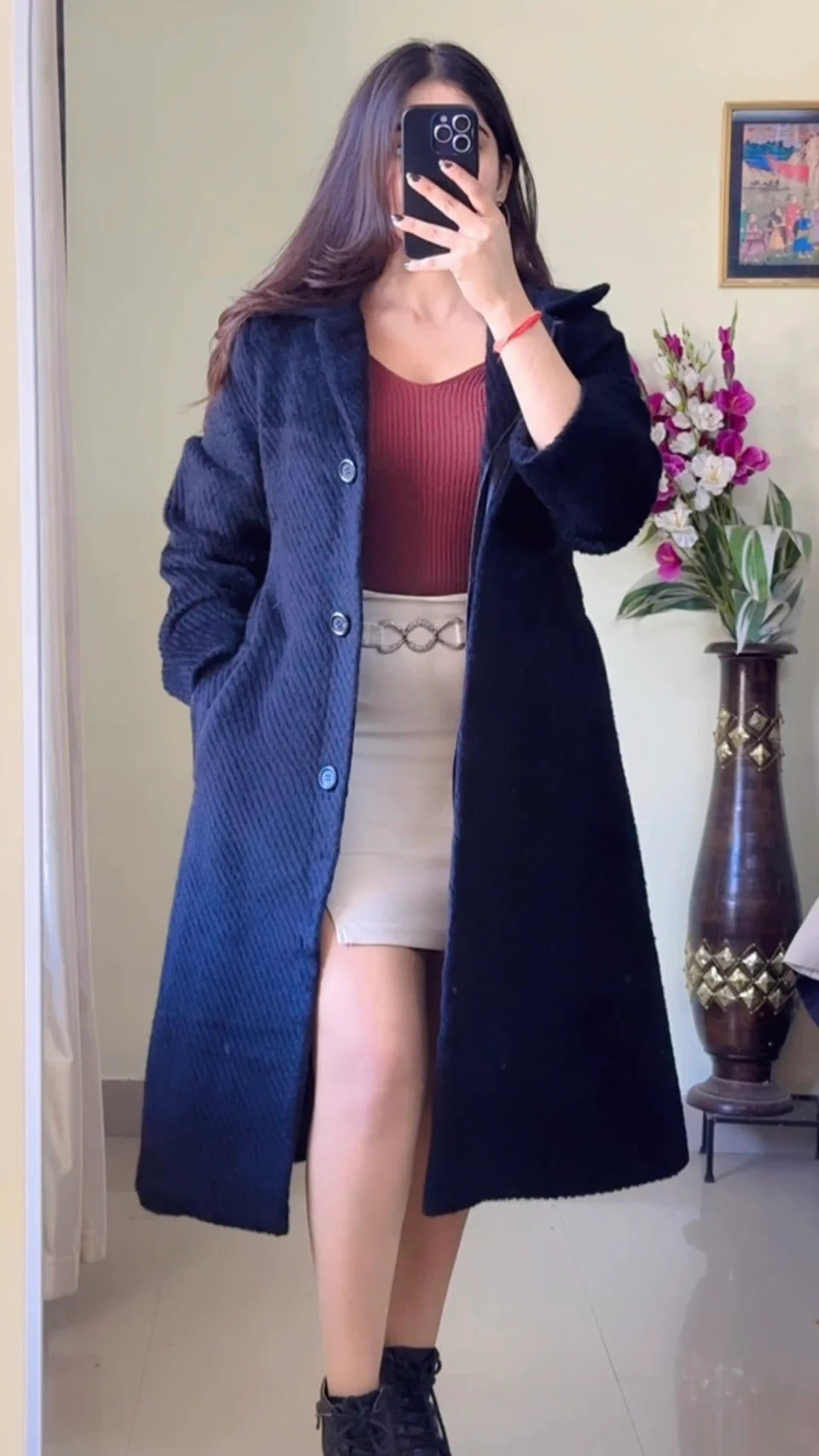 (Size-S to M) Black Winter Coat (With Belt)- Wo171