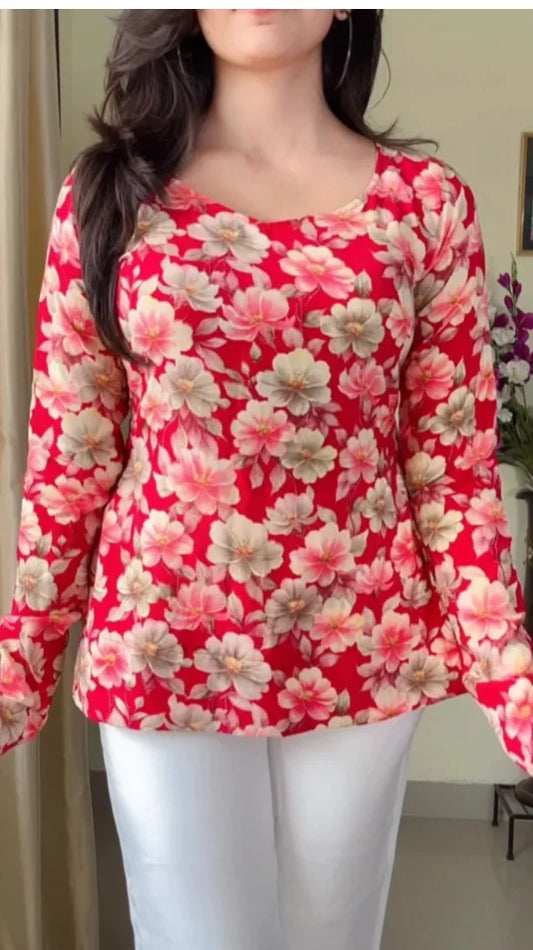 Women Floral Printed V-Neck Pure Muslin Kurti (Cherry Red) KT-117