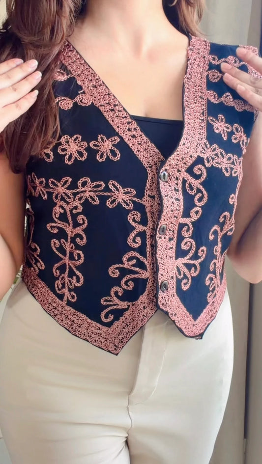 Vintage Bloom Embroidered Denim Vest (Pink)