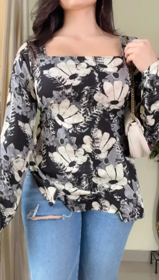 Women Black Floral Printed Square-Neck Pure Muslin Kurti KT-113