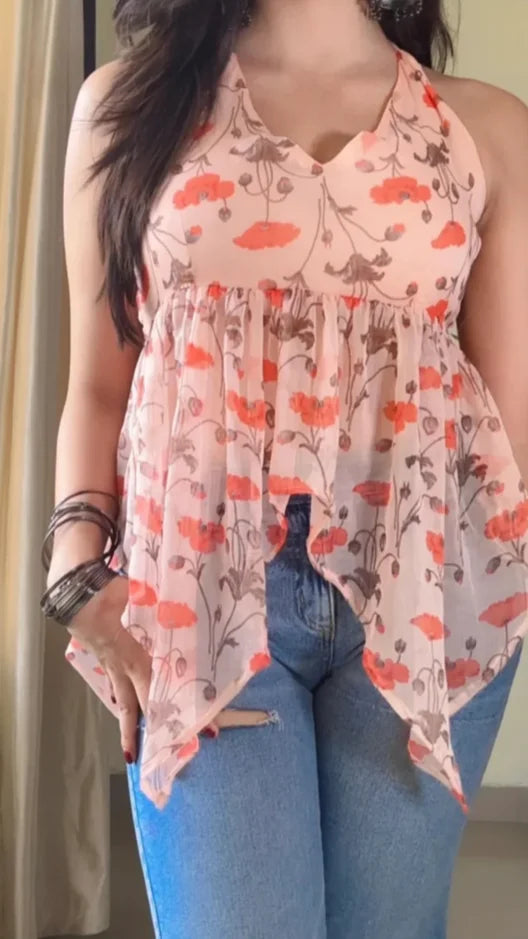 Peach Floral Halter Neck Short Kurti KT-102