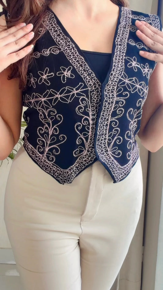Vintage Bloom Embroidered Denim Vest (Light Pink)