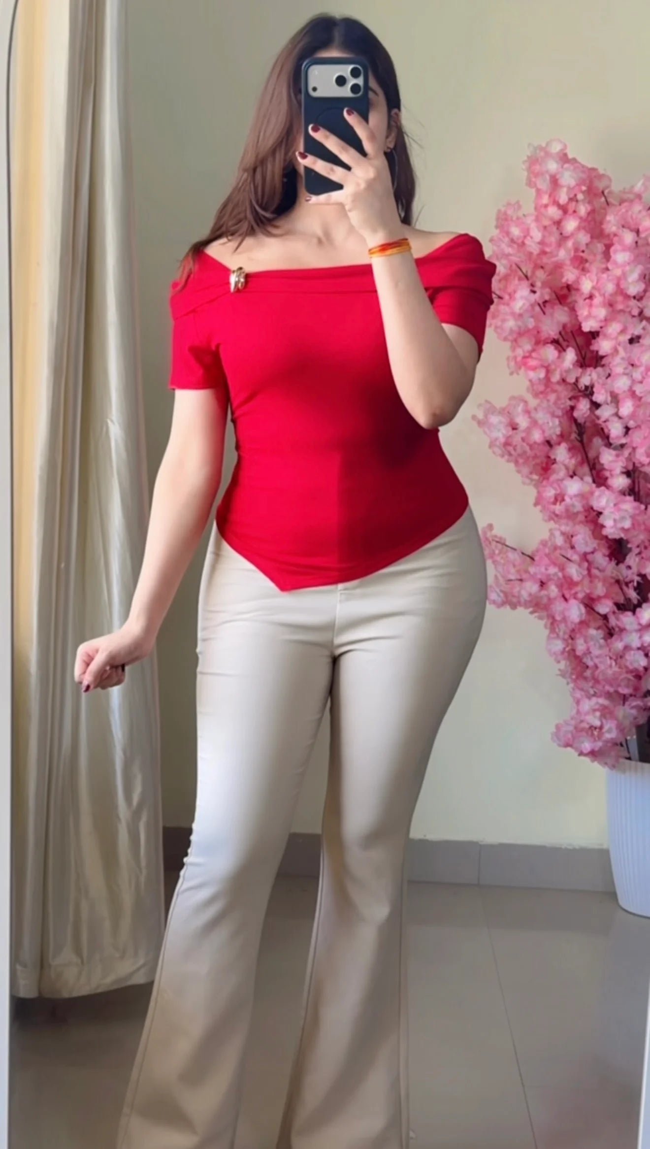 Scarlet Off-Shoulder Asymmetrical Top