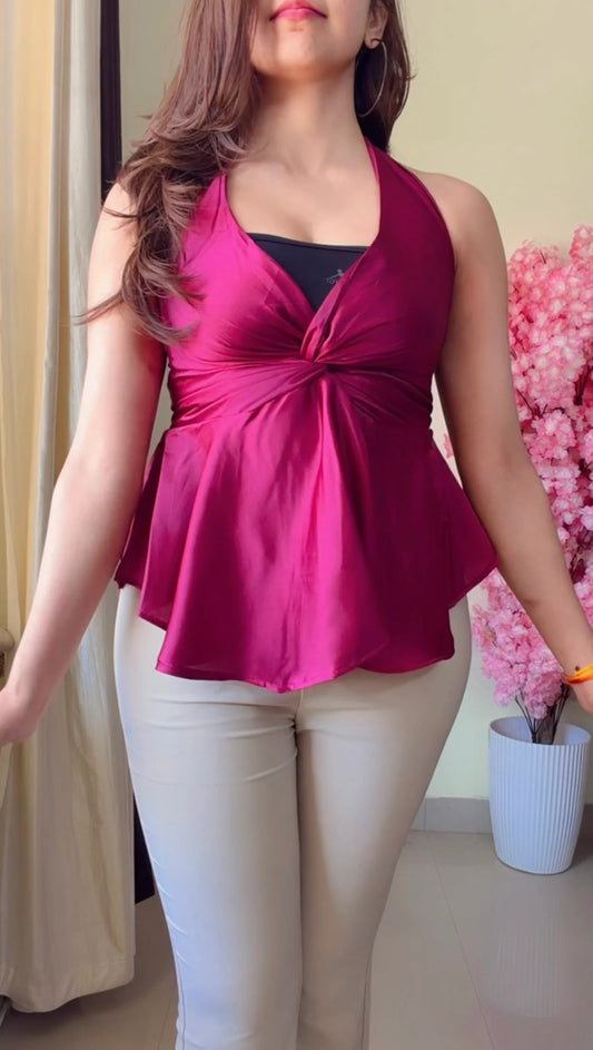 Satin Twist-Front Halter Peplum Top.