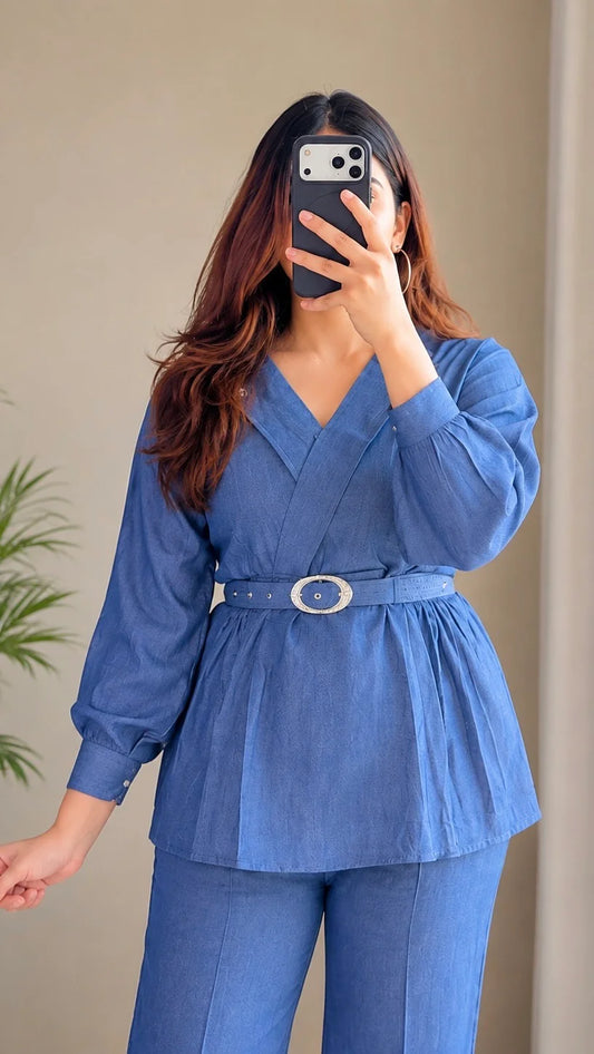 Structured Cotton Denim Belted Co-ord Set