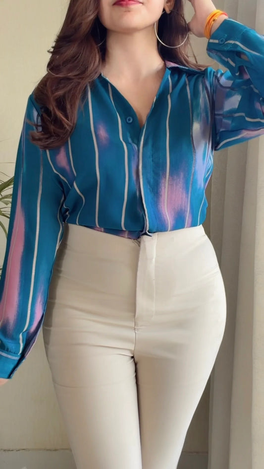 Teal Green Tie-Dye Stripe V-Neck Shirt