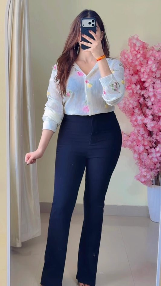 Multi-Color Floral V-Neck Embroidery Shirt