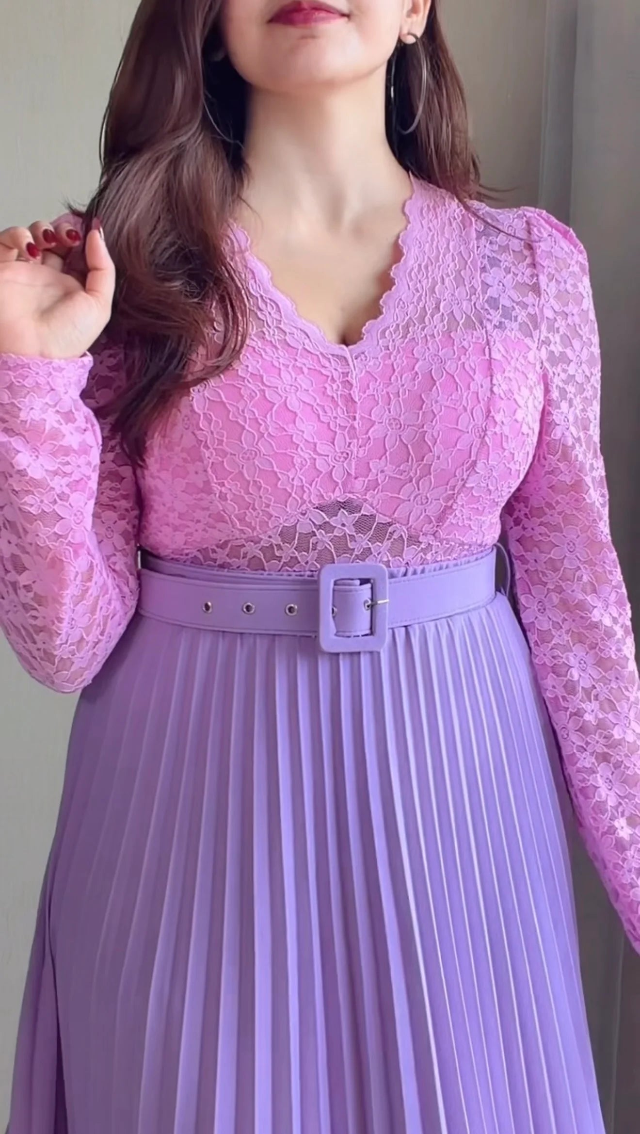 Pink Lace Pleated Co-ord Set with Belt (Top+ Skirt)
