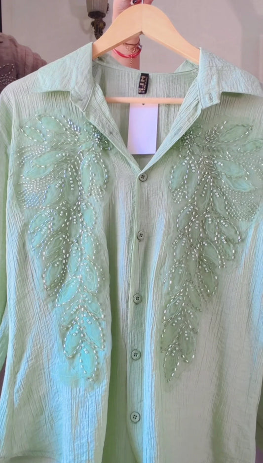 Pastel Green leaf Embroidered Premium Shirt