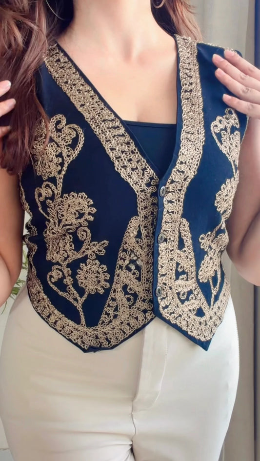 Vintage Bloom Embroidered Denim Vest (Golden)