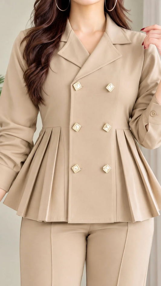 Pleated Double-Breasted Blazer Cord Set