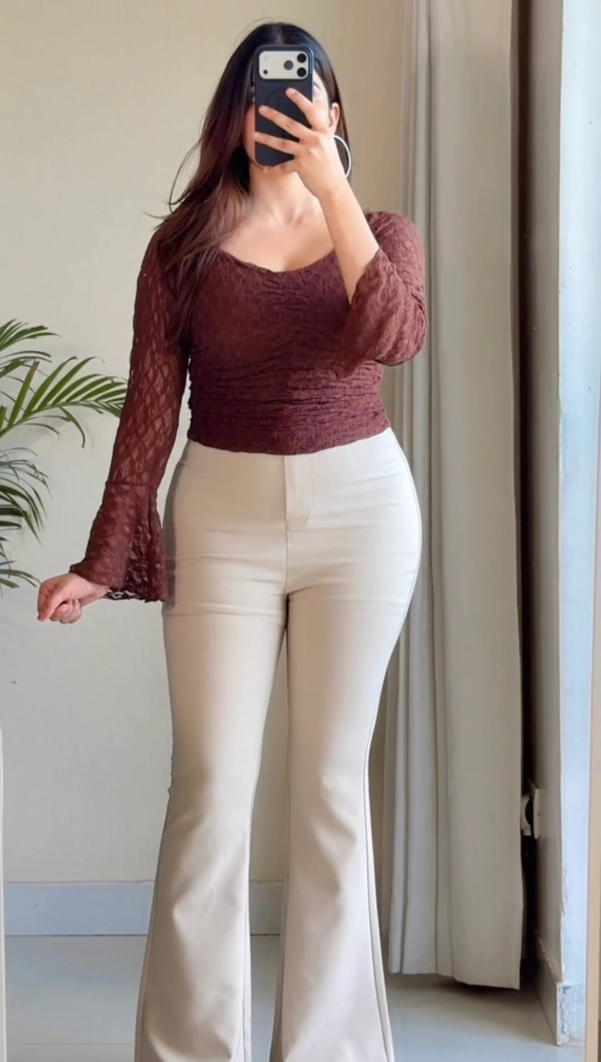 Ruched Lace Bell Sleeve Top