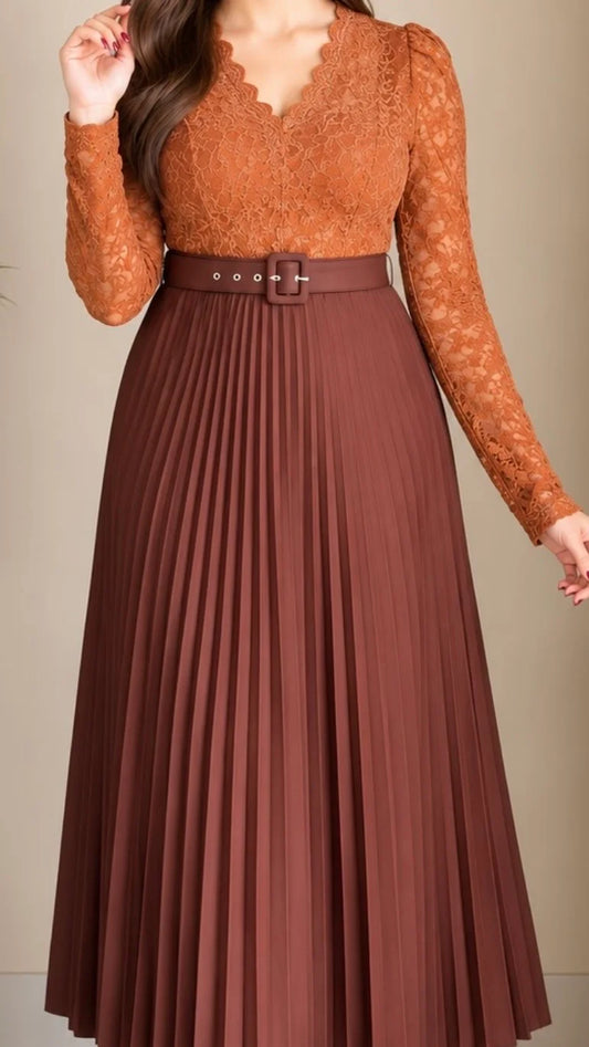 Lace Pleated Co-ord Set with Belt (Padded Top+ Skirt)