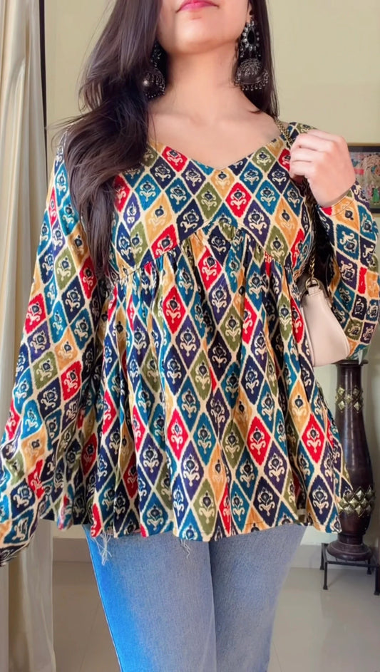 Jaipuri Print Flared Short Kurti