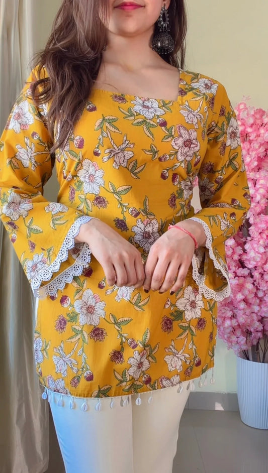 Yellow Floral Flared Sleeves Short kurti