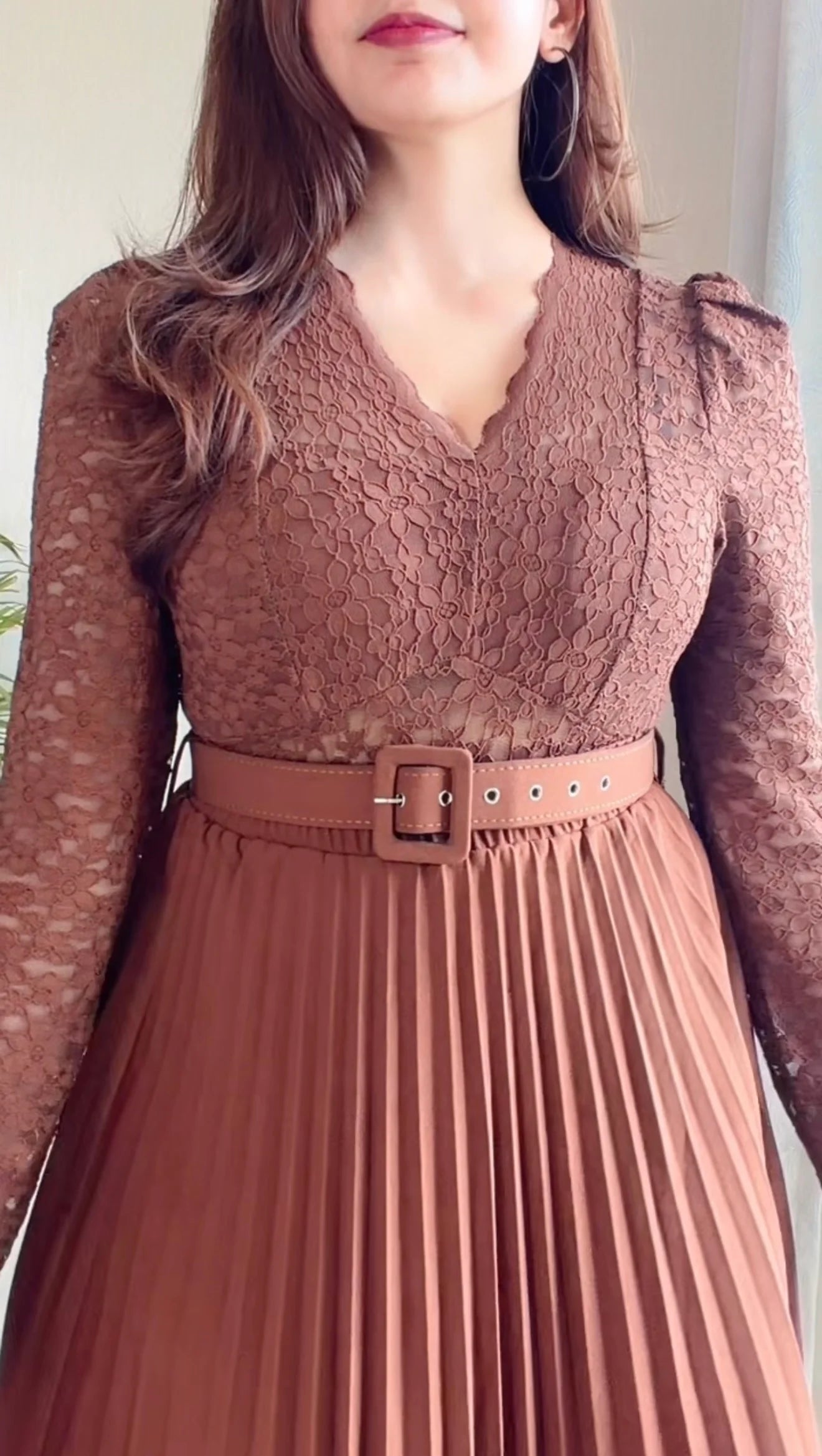 Light Brown Lace Pleated Co-ord Set with Belt (Top+ Skirt)