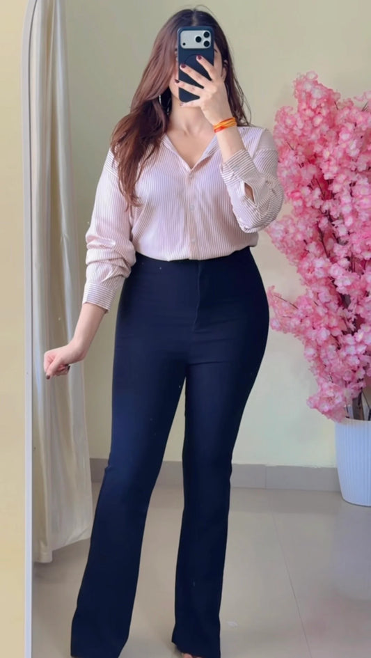 Tan Beige Striped V-Neck Shirt