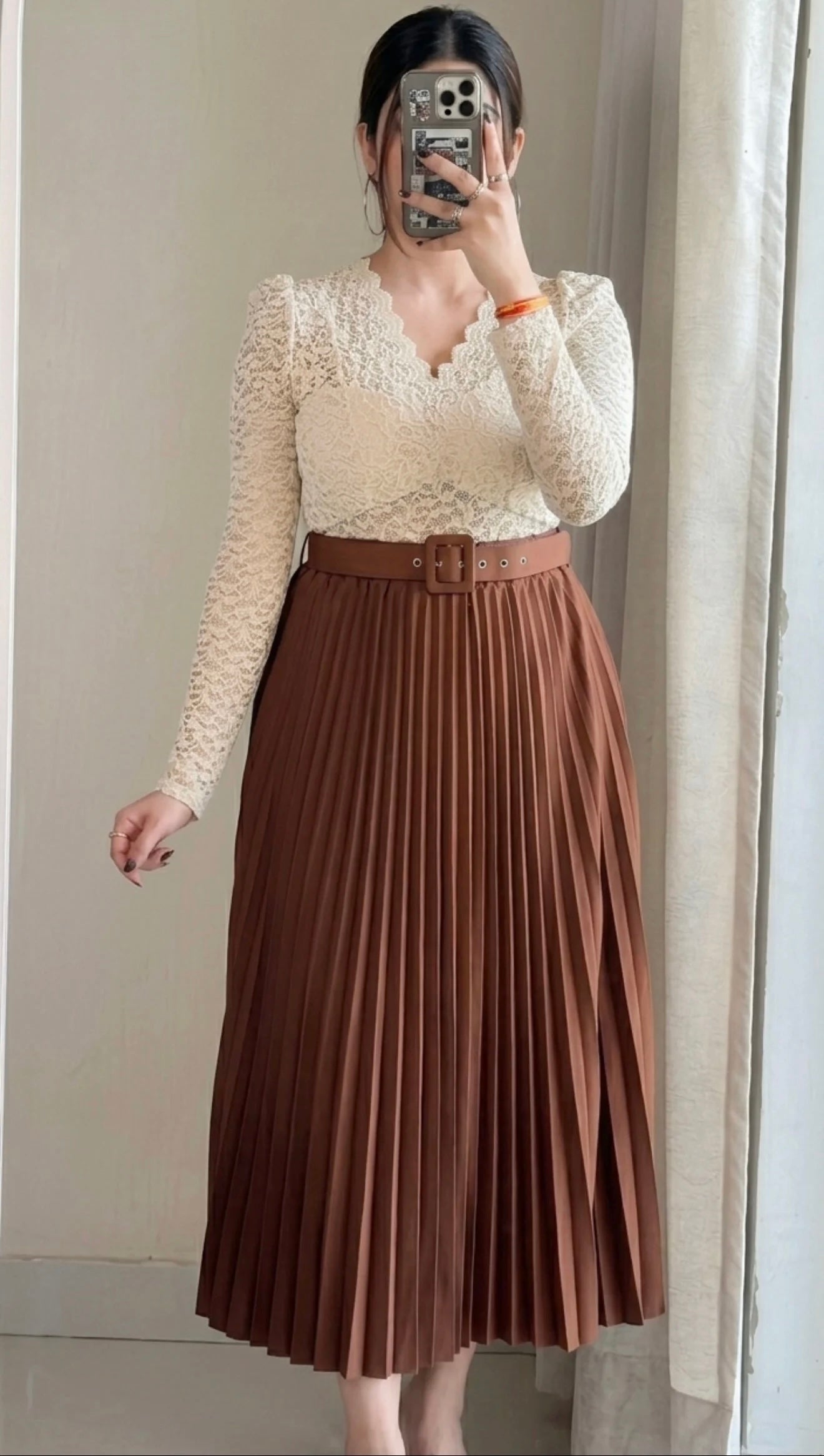 Caramel Brown Pleated Midi Skirt