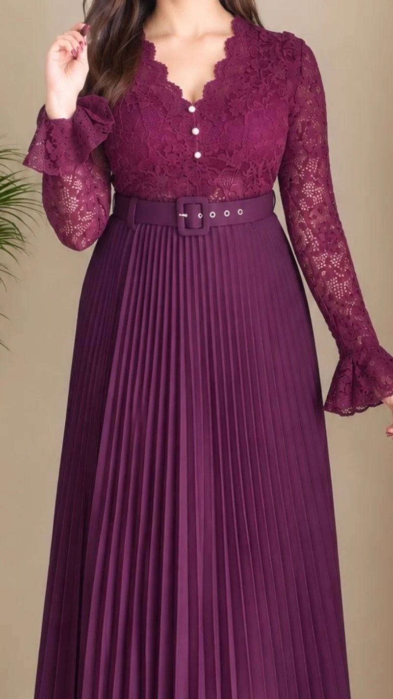 wine Lace Pleated Co-ord Set with Belt (Padded Top+ Skirt)