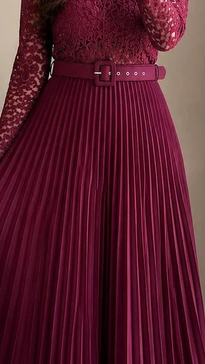 Wine Pleated Midi Skirt