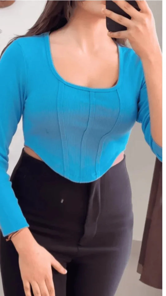 Blue Crop Ribbed Top-R125