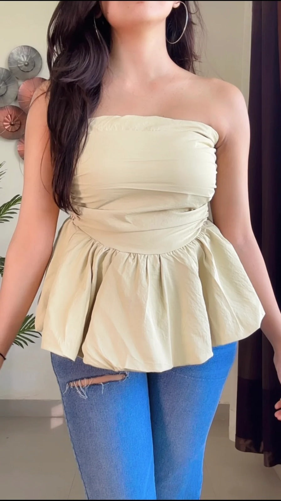 Cream strapless peplum style top (T-873)