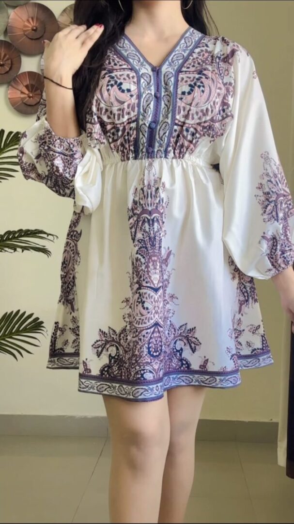 Women Ethnic Motifs Printed Chiffon Kaftan Mini Dress With Belt D-035