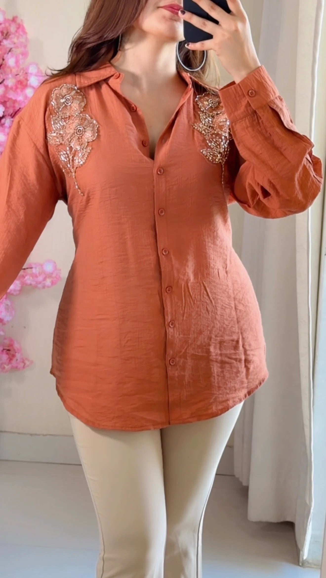 Rust Brown leaf Embroidered Premium Shirt